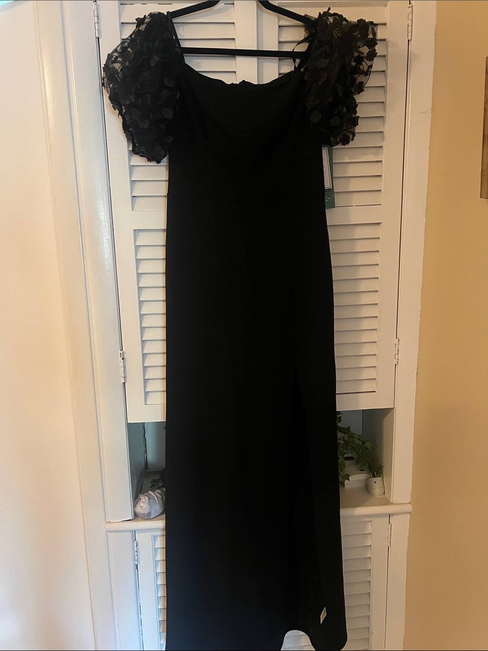 Premier Black Maxi Dress with Floral Puff Sleeves